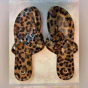 C'est brown/tan,animal print, medallion center women’s slip on sandal; size 9